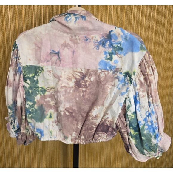 S/W/F Tie-Dye Linen Cropped Blouse S Designer Balloon Sleeves Buttons - Picture 2 of 6